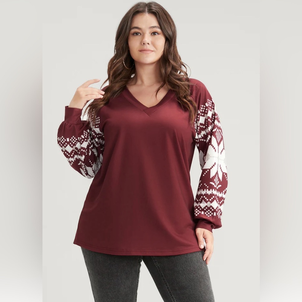 Bloomchic Snowflake Print V Neck Drop Shoulder Sweatshirt